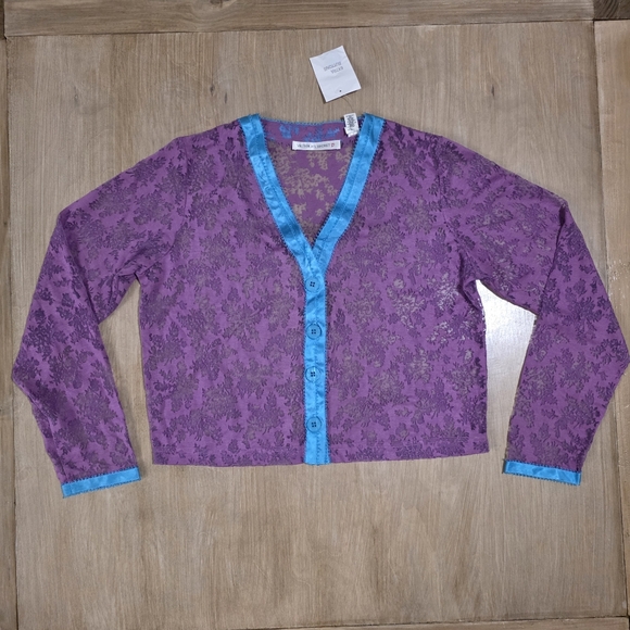 Victoria's Secret Sweaters - NWT Victoria’s Secret Sheer Floral Cardigan Purple Blue Trim Lightweight Size M
